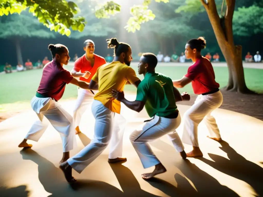 Grupo de practicantes de capoeira en un círculo, vistiendo trajes blancos y coloridas camisas, demostrando movimientos fluidos y poderosos