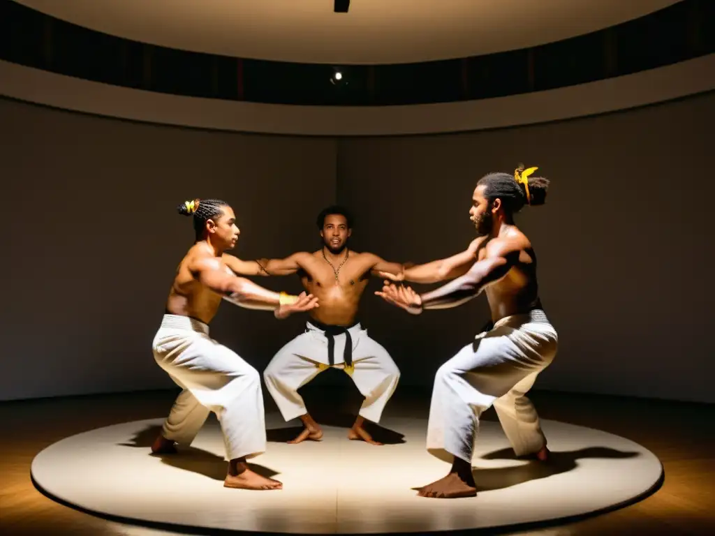 Grupo de practicantes de capoeira en círculo, ejecutando movimientos dinámicos en una roda, en un ambiente auténtico con arte y música capoeira