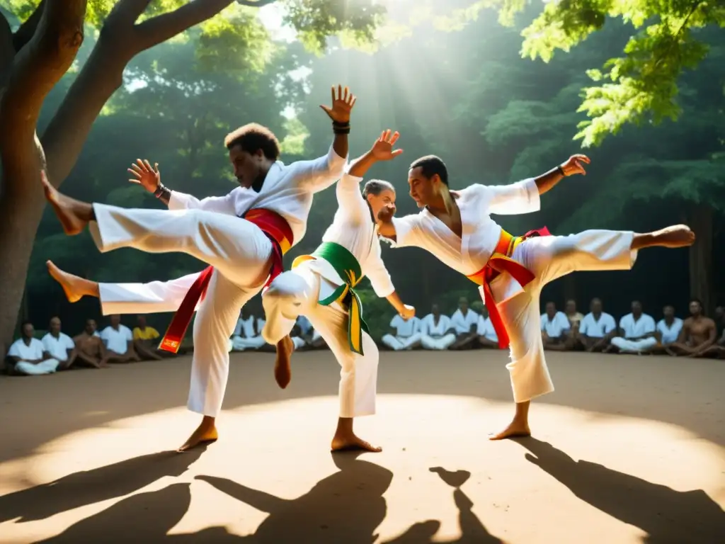 Grupo de practicantes de capoeira en un círculo, mostrando agilidad y coordinación en un intenso entrenamiento al aire libre