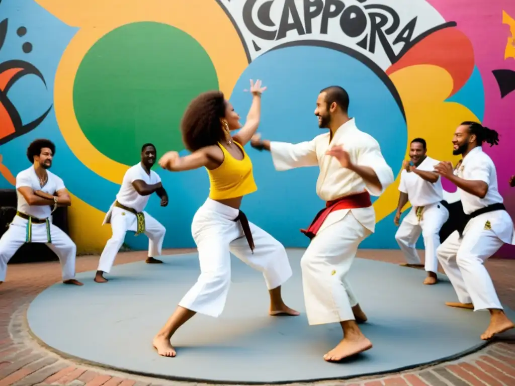 Grupo de practicantes de capoeira en círculo, vistiendo ropa blanca, con uno realizando una patada alta en el centro mientras otros tocan instrumentos musicales y aplauden