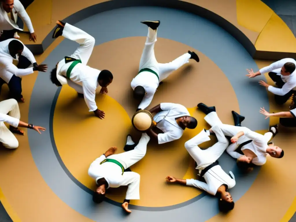 Grupo de practicantes de capoeira exhiben su destreza y fuerza en un círculo, rodeados de una atmósfera vibrante y llena de energía