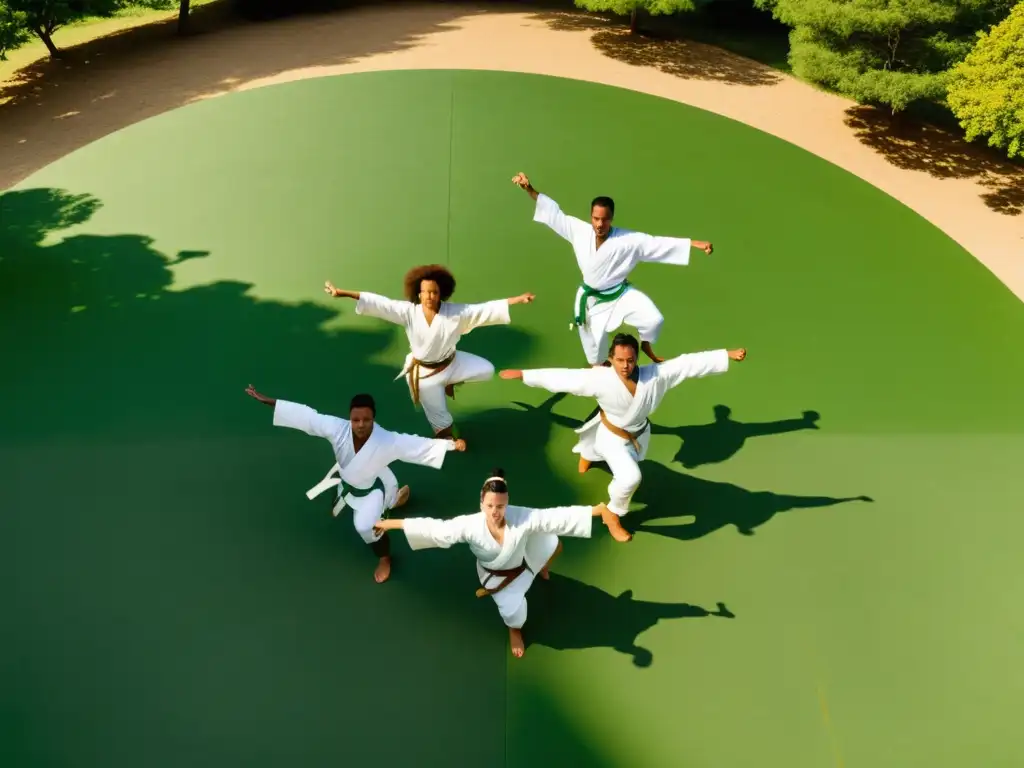 Grupo de practicantes de capoeira en entrenamiento al aire libre, demostrando disciplina y destreza