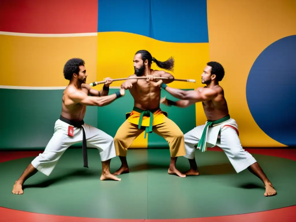 Grupo de practicantes de capoeira en movimiento dinámico en la roda, expresando la pasión y la filosofía Capoeira: Origen y significado