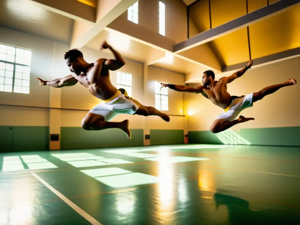 Un grupo de practicantes de Capoeira ejecuta movimientos acrobáticos en un entrenamiento, mostrando agilidad y fuerza