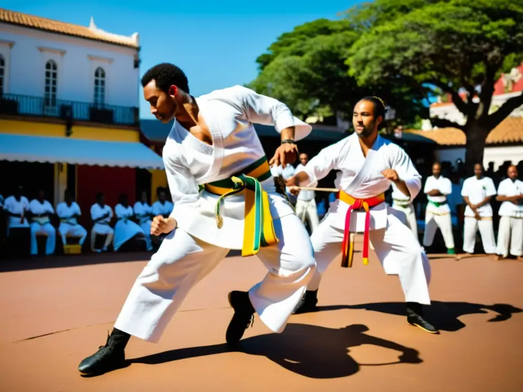 Grupo de practicantes de capoeira realizando movimientos dinámicos en una plaza vibrante al ritmo de berimbaus y pandeiros