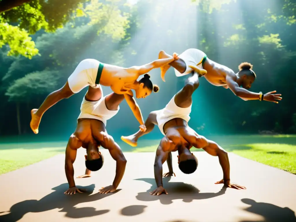 Un grupo de practicantes de capoeira realizando movimientos acrobáticos bajo la luz del sol, destacando la flexibilidad y control corporal