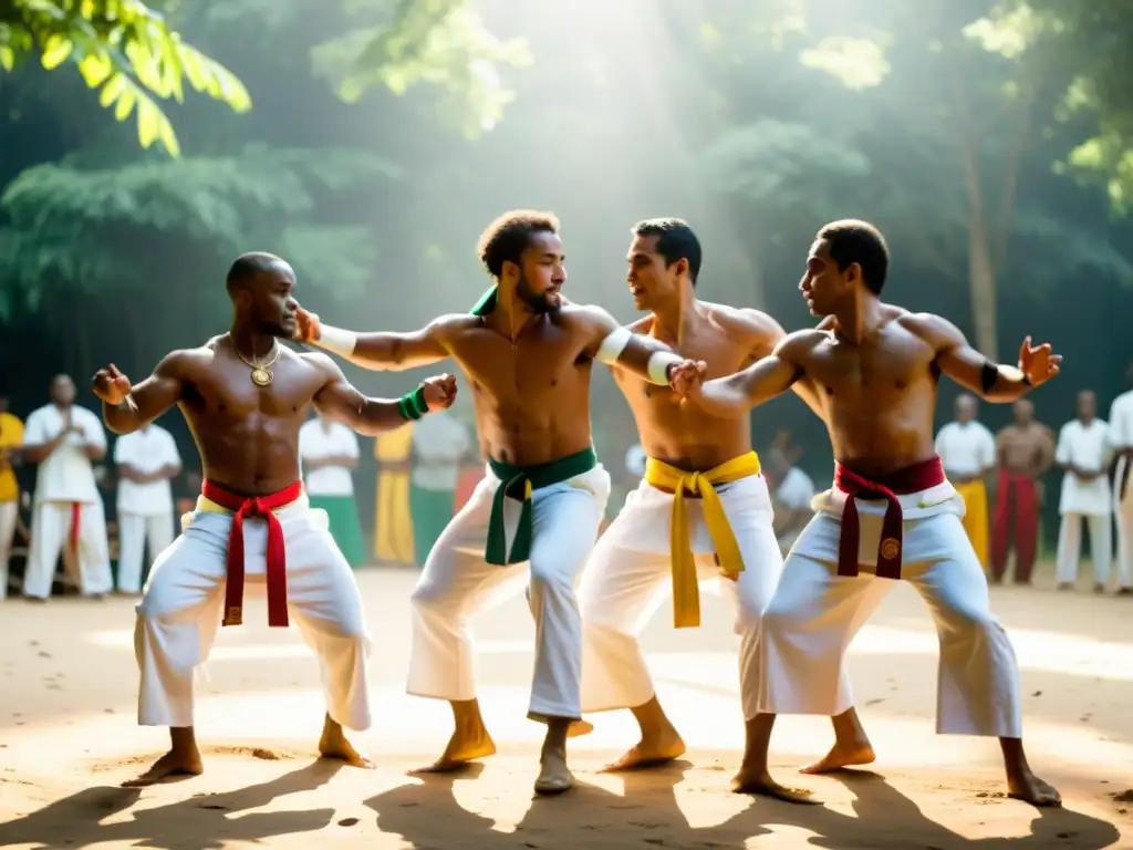 Un grupo de practicantes de capoeira ejecuta movimientos acrobáticos y patadas en un roda al aire libre, con espectadores aplaudiendo en el fondo