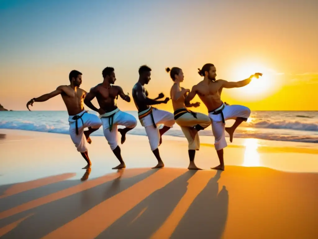 Grupo de practicantes de capoeira ejecutando movimientos acrobáticos en la playa al atardecer en Brasil, reflejando la energía y pasión de la práctica