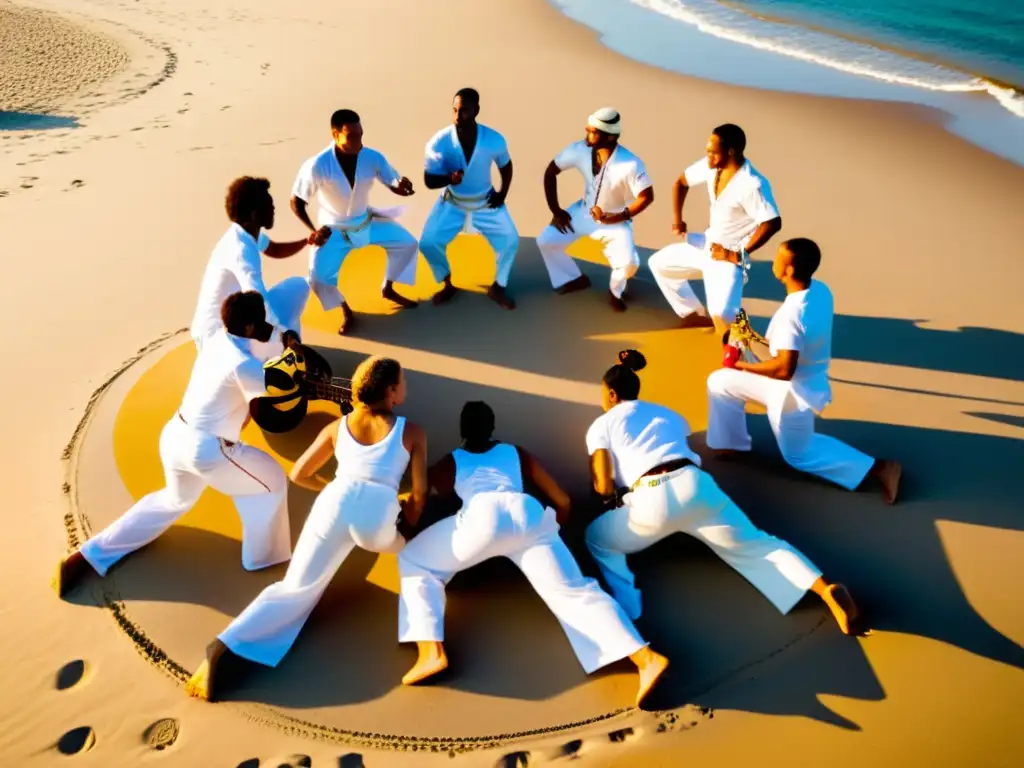 Un grupo de practicantes de capoeira con pantalones tradicionales en la playa, tocando instrumentos y mostrando movimientos dinámicos