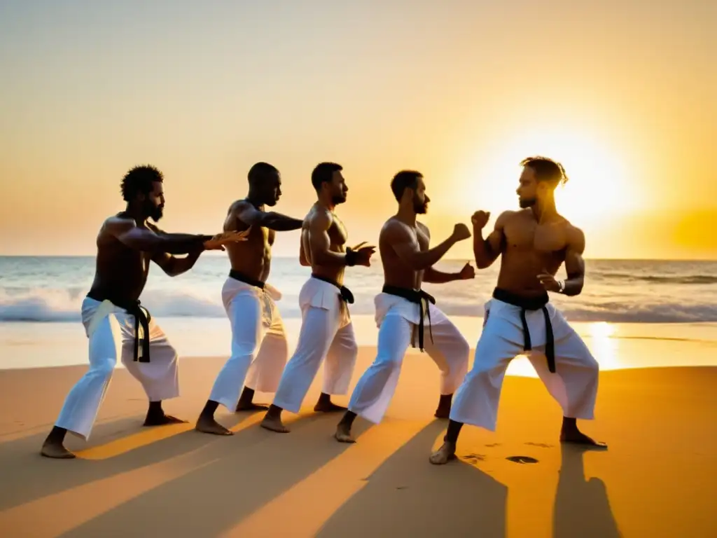 Un grupo de practicantes de capoeira en la playa al atardecer, vistiendo ropa blanca, se prepara para un intenso entrenamiento