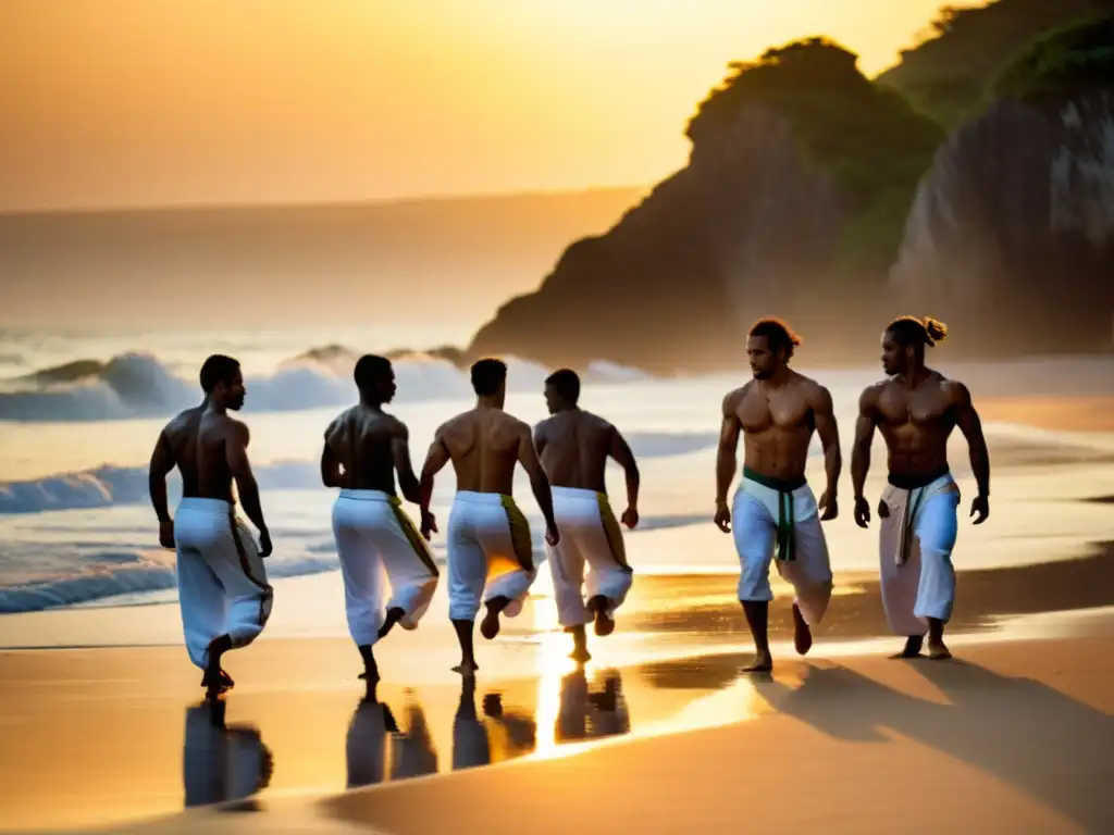 Grupo de practicantes de capoeira en la playa al amanecer en Brasil, capturando la esencia de la disciplina y la belleza natural