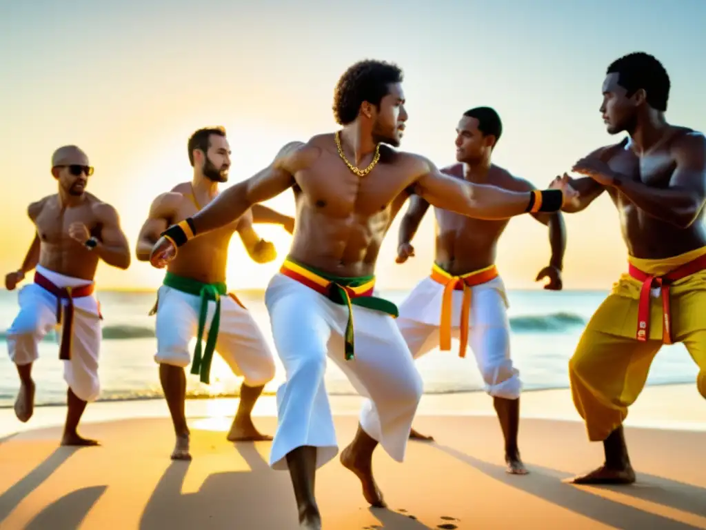 Grupo de practicantes de capoeira en la playa, reflejando la belleza de los retiros de capoeira en Brasil