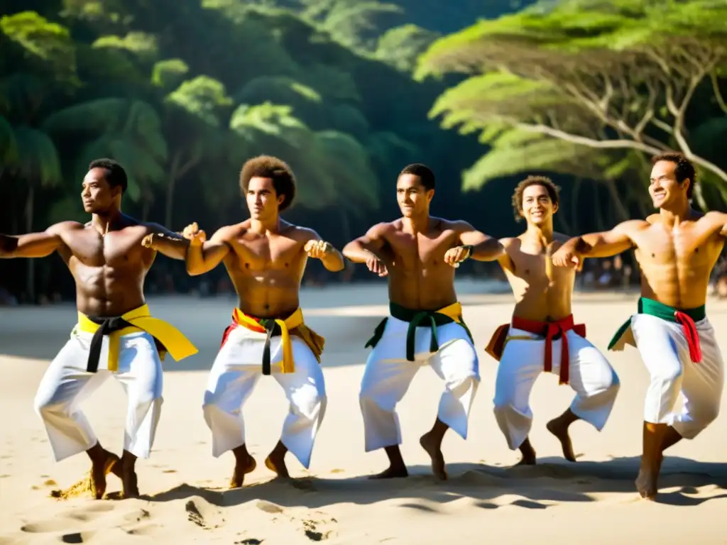 Grupo de practicantes de capoeira en una playa de Brasil, combinando danza y lucha en un ambiente eléctrico y apasionado