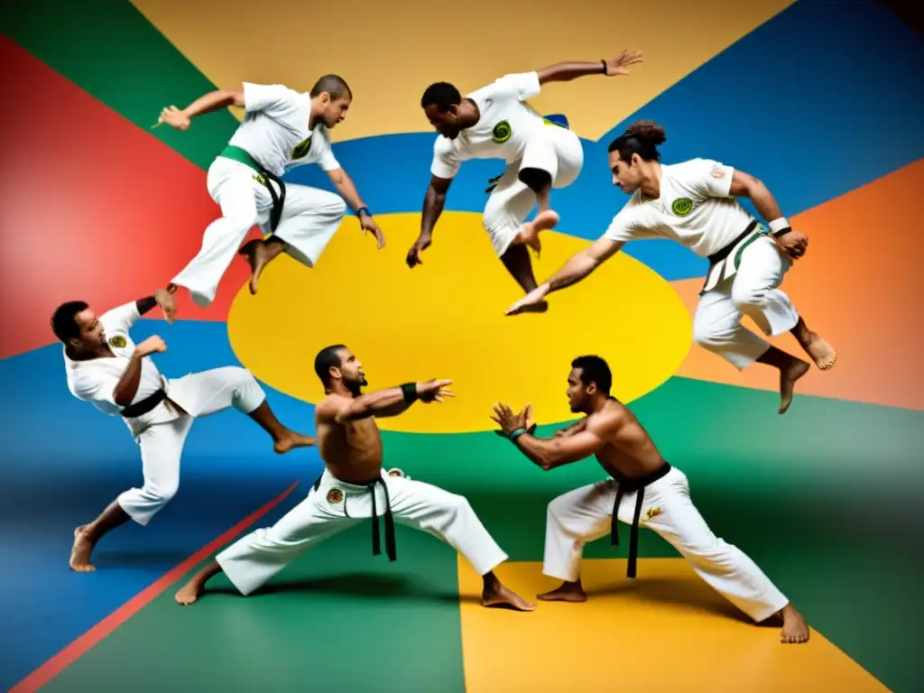 Un grupo de practicantes de capoeira en pleno roda, demostrando la agilidad y energía de esta arte marcial afrobrasileña