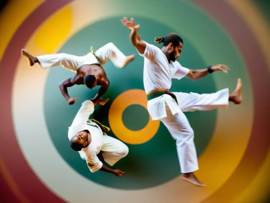 Un grupo de practicantes de capoeira en pleno roda, ejecutando acrobáticas patadas y giros