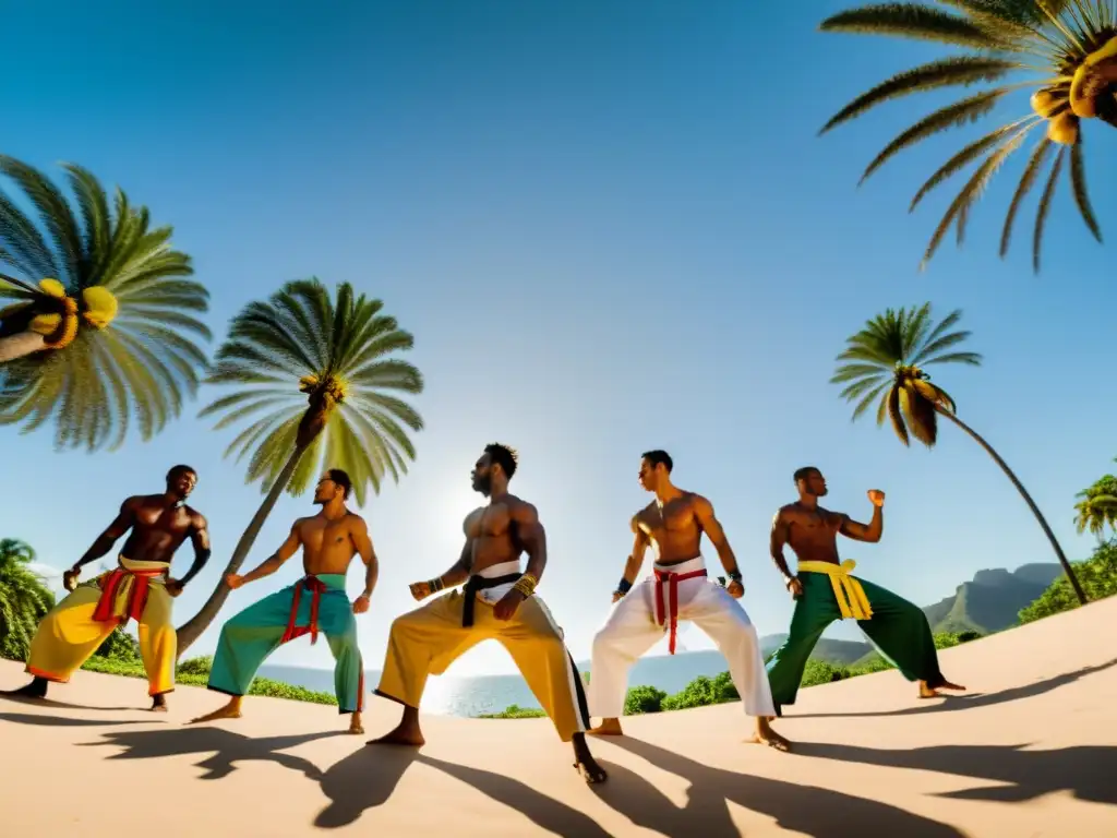 Un grupo de practicantes de capoeira en pleno movimiento en una roda bajo palmeras