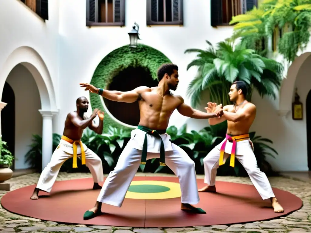 Grupo de practicantes de capoeira en un roda vibrante, expresión cultural diáspora africana