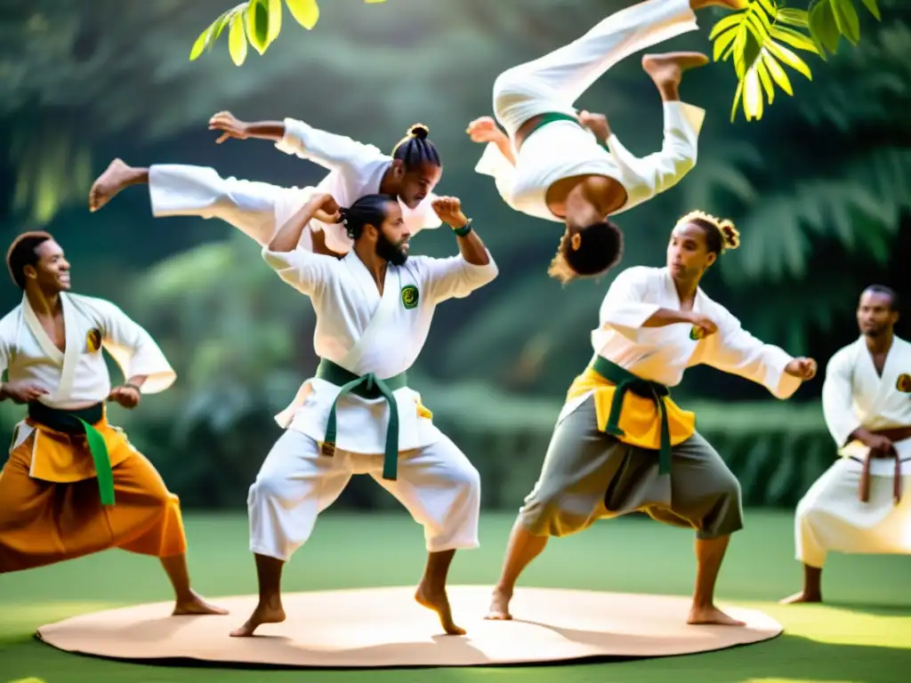 Grupo de practicantes de capoeira en un roda al aire libre, capturando la energía y tradición Afrobrasileña