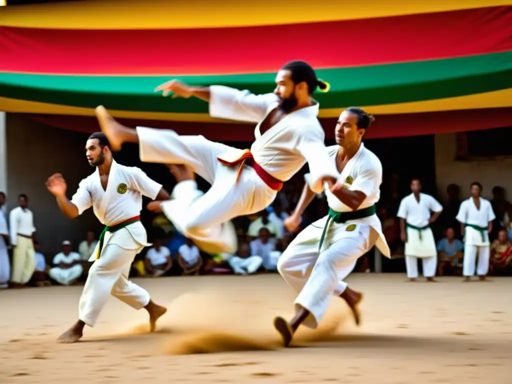 Grupo de practicantes de capoeira en una roda en Salvador de Bahía, con movimientos acrobáticos y expresiones intensas