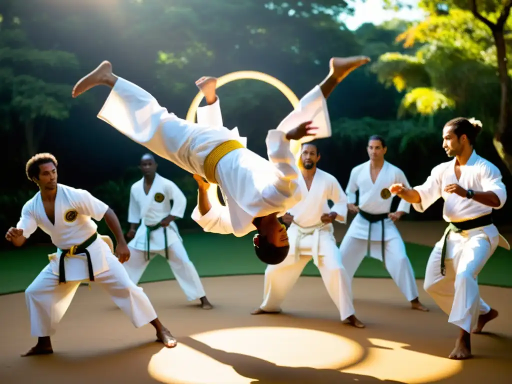 Grupo de practicantes de capoeira en un roda dinámico, mostrando destreza y pasión, resaltando la expansión de la capoeira en América