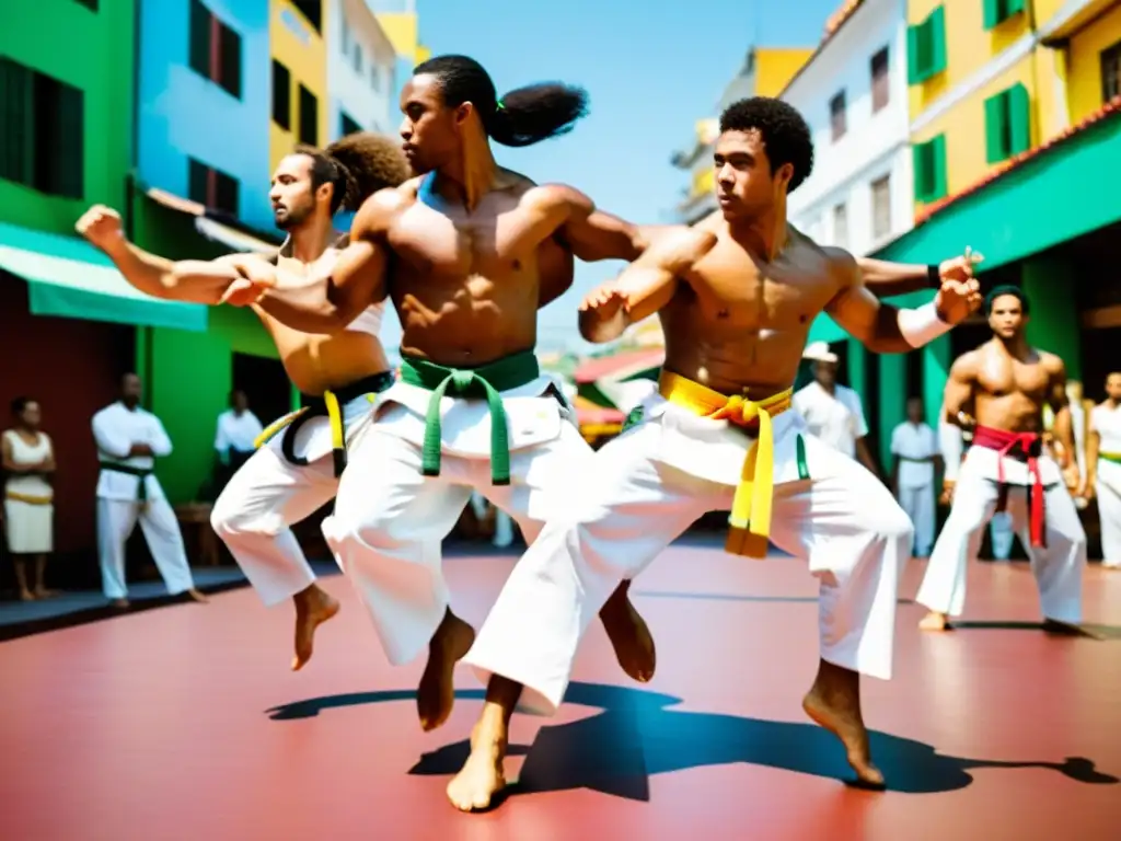 Un grupo de practicantes de capoeira en una roda, mostrando movimientos dinámicos y fluidos