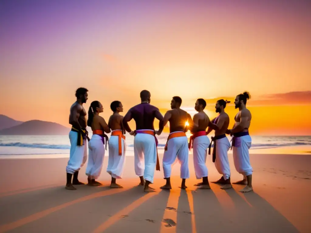 Grupo de practicantes de capoeira en una roda dinámica en la playa al atardecer, combinando danza y lucha