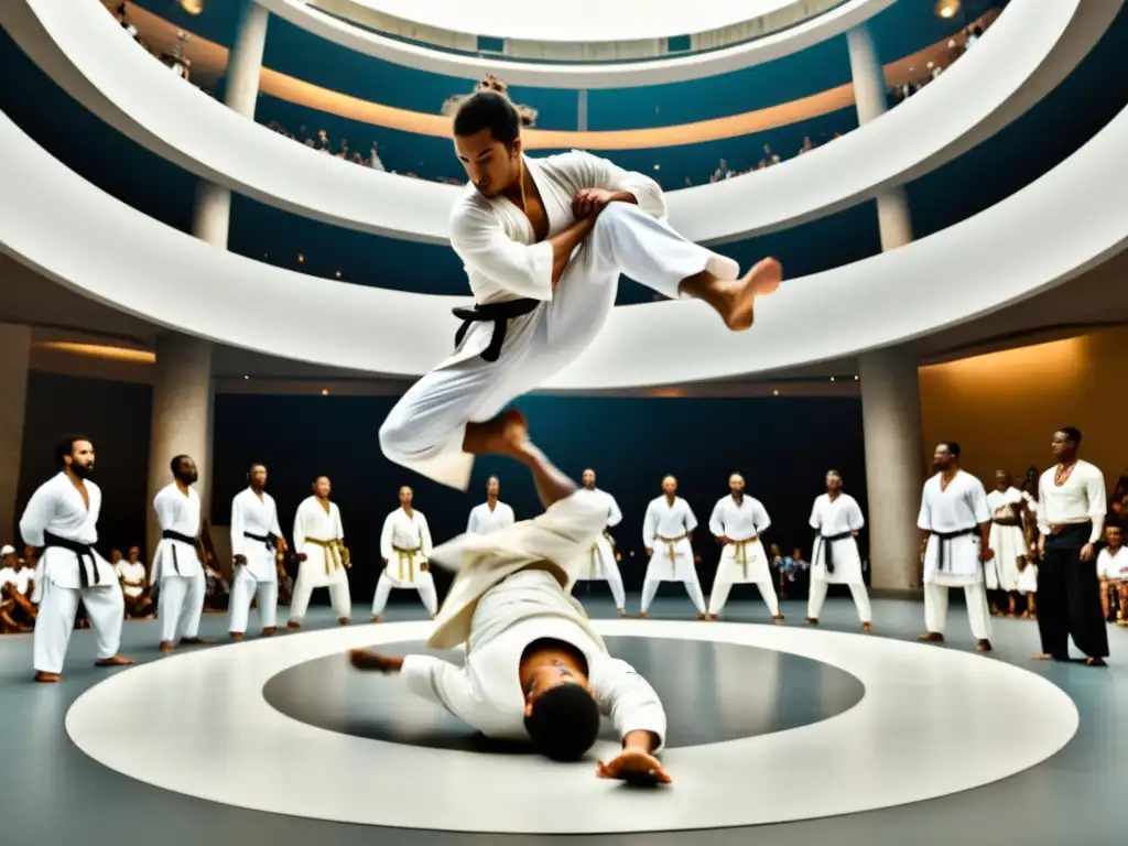 Un grupo de practicantes de capoeira en un roda dinámico en un entorno urbano