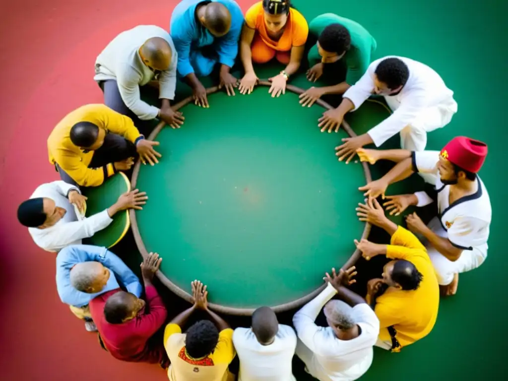 Un grupo de practicantes de capoeira se reúne en una roda animada, con ropa colorida y movimientos intrincados