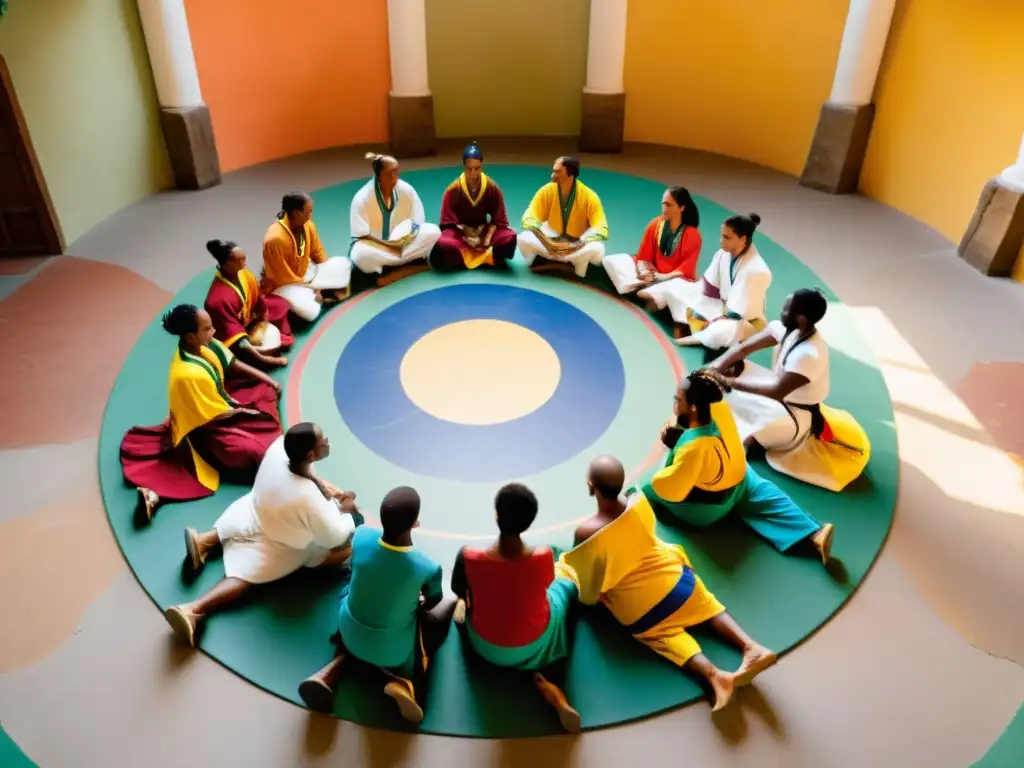 Grupo de practicantes de capoeira en una roda dinámica, expresando la intensidad y pasión de la Filosofía Capoeira: Origen y significado