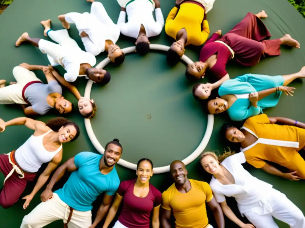 Grupo de practicantes de capoeira en un roda dinámico, mostrando la importancia de la cantiga en Capoeira con movimientos acrobáticos y ropa colorida