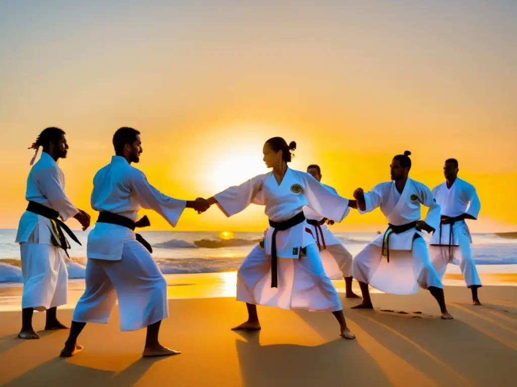 Grupo de practicantes de capoeira en trajes blancos en la playa al atardecer, mostrando la preservación cultural de la capoeira en un entorno moderno