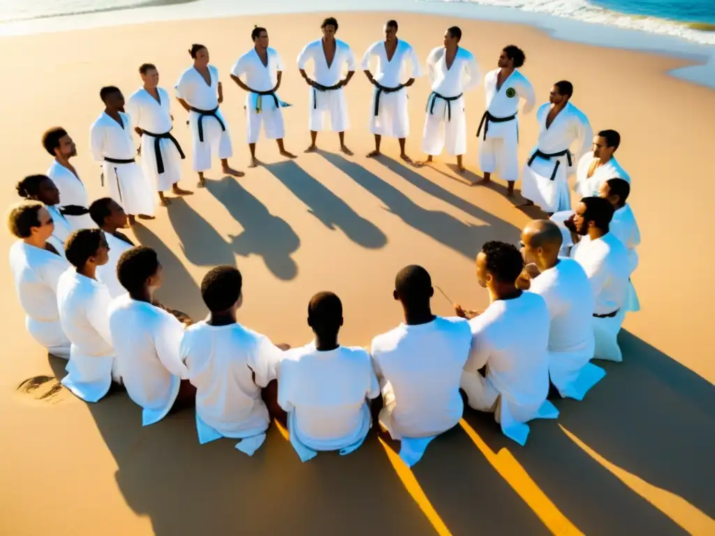 Un grupo de practicantes de capoeira en trajes blancos en una playa de Brasil