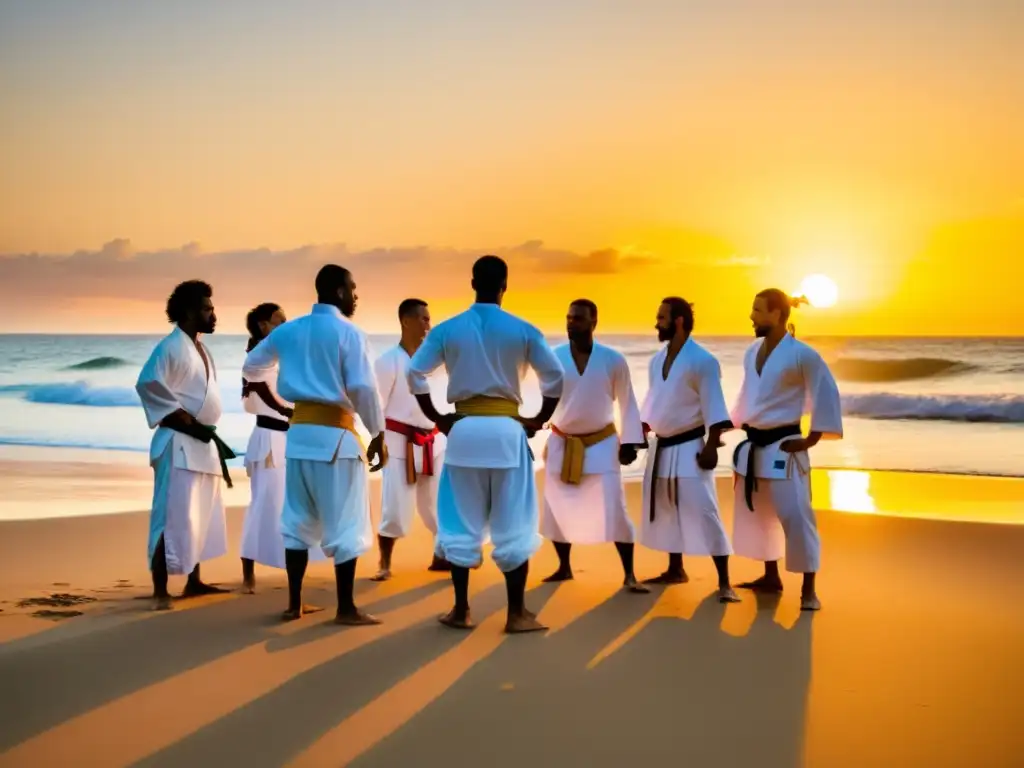 Grupo de practicantes de capoeira en trajes blancos en la playa al atardecer