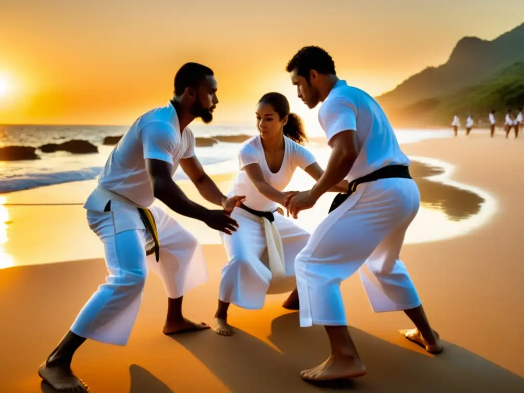 Un grupo de practicantes de capoeira vestidos con ropa blanca tradicional, reunidos en una roda en una playa arenosa al atardecer