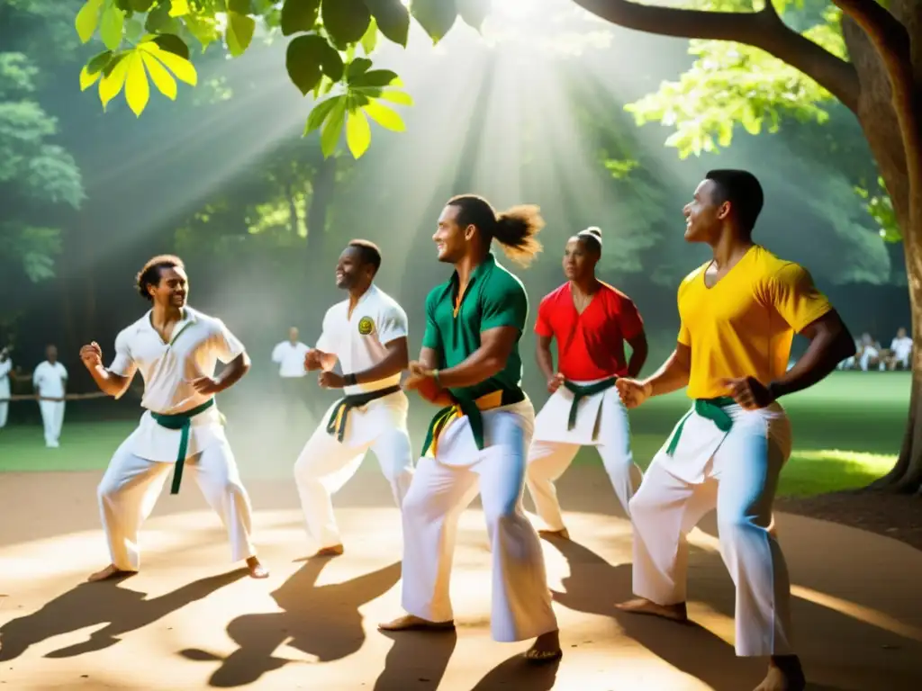 Un grupo de practicantes de Capoeira vestidos con pantalones blancos tradicionales y camisas vibrantes, en medio de un juego de Capoeira