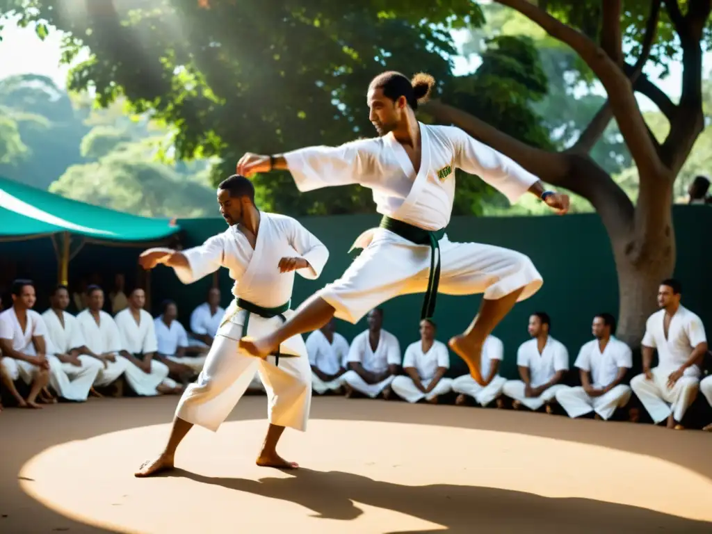 Un grupo de practicantes de capoeira, vestidos con ropa blanca tradicional, realizan movimientos acrobáticos e impactantes patadas en un roda vibrante