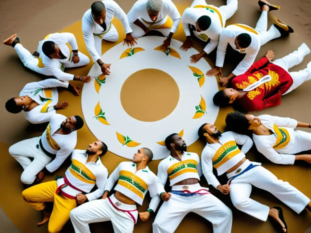 Grupo de practicantes de Capoeira con vestimenta tradicional en un roda, mostrando el significado y evolución de la indumentaria tradicional Capoeira