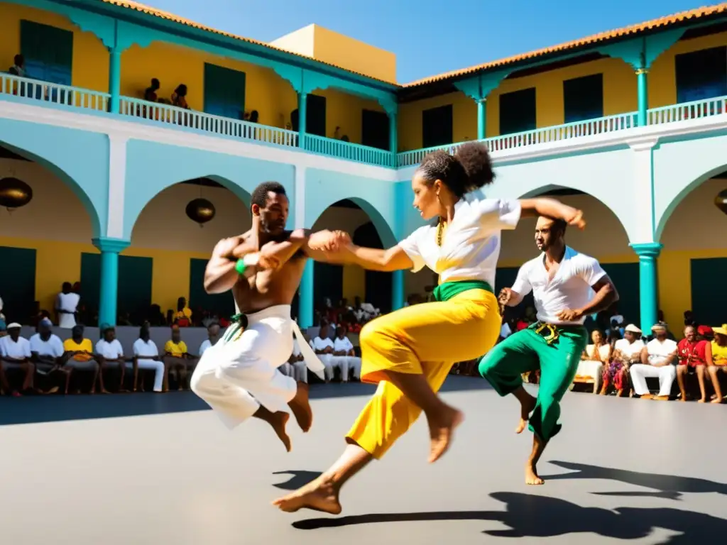 Grupo de practicantes de Capoeira en la vibrante Plaza AfroBrasileña, ejecutando movimientos acrobáticos y potentes patadas bajo el sol del mediodía