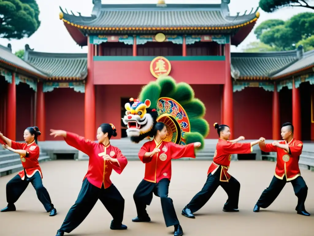 Un grupo de practicantes de Choy Li Fut realiza formas y patadas en unión, fusionando técnicas de artes marciales del norte y sur de China