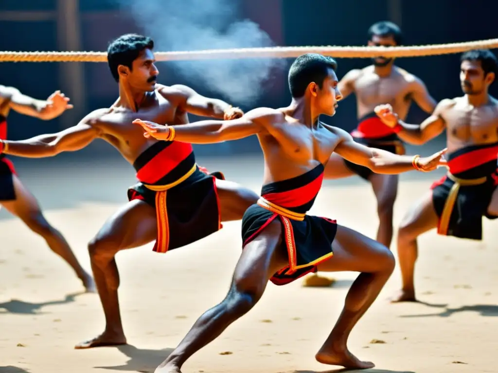 Un grupo de practicantes de Kalaripayattu muestra una danza de combate en India, con movimientos dinámicos y expresiones intensas