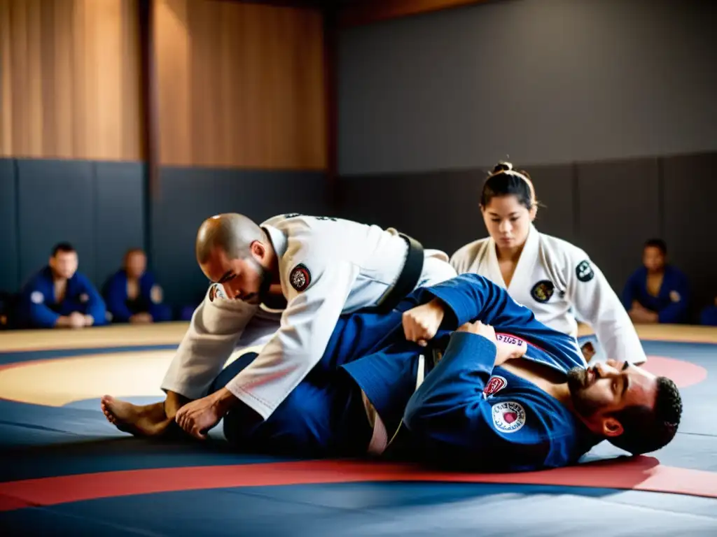 Grupo de practicantes de jiu jitsu dedicados entrenando en un dojo tradicional con intensidad y concentración