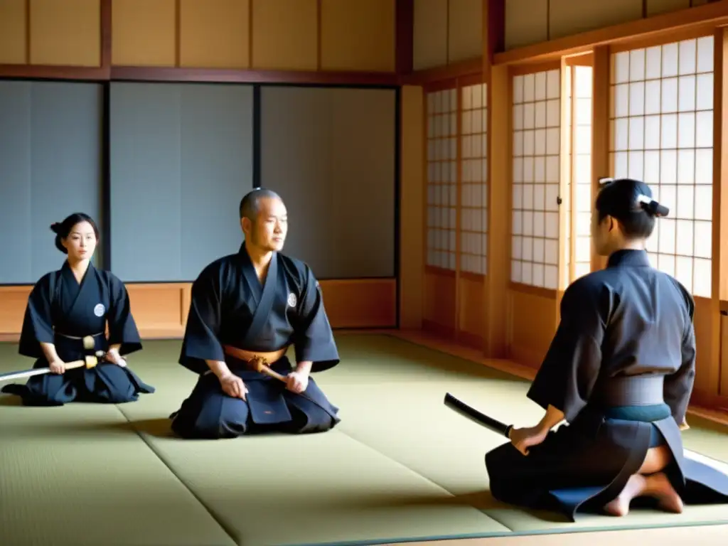 Un grupo de practicantes dedicados de Iaido con las mejores katanas, mostrando maestría y disciplina en un dojo sereno