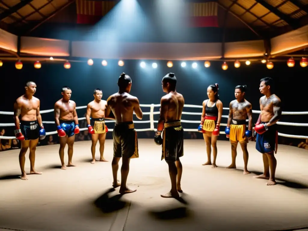 Un grupo de practicantes dedicados de Muay Thai realiza una ceremonia de Wai Kru en un espacio de entrenamiento con poca luz