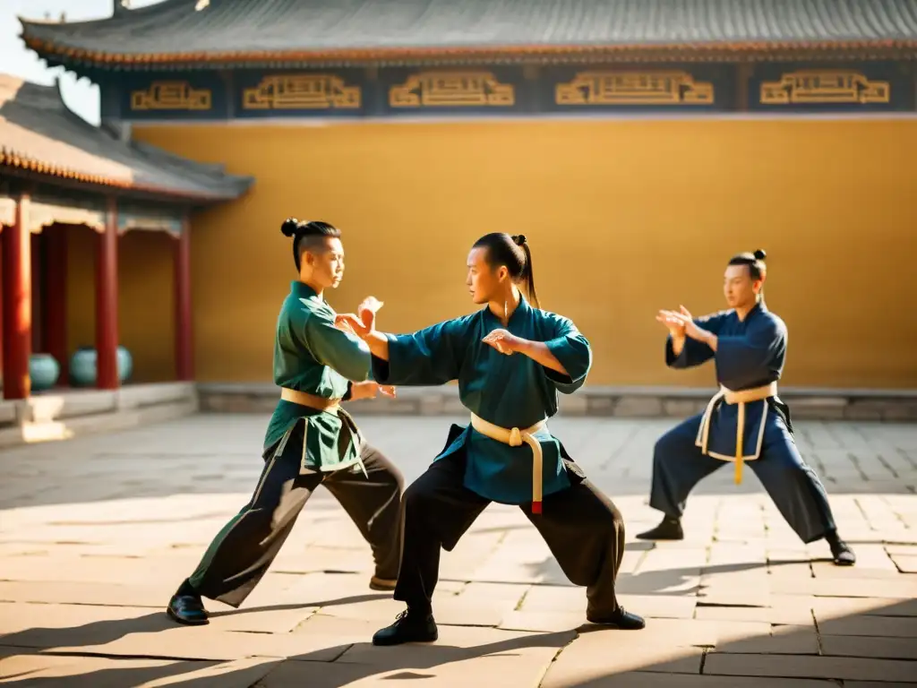 Un grupo de practicantes dedicados de Wing Chun realizan formas en un patio tradicional en China