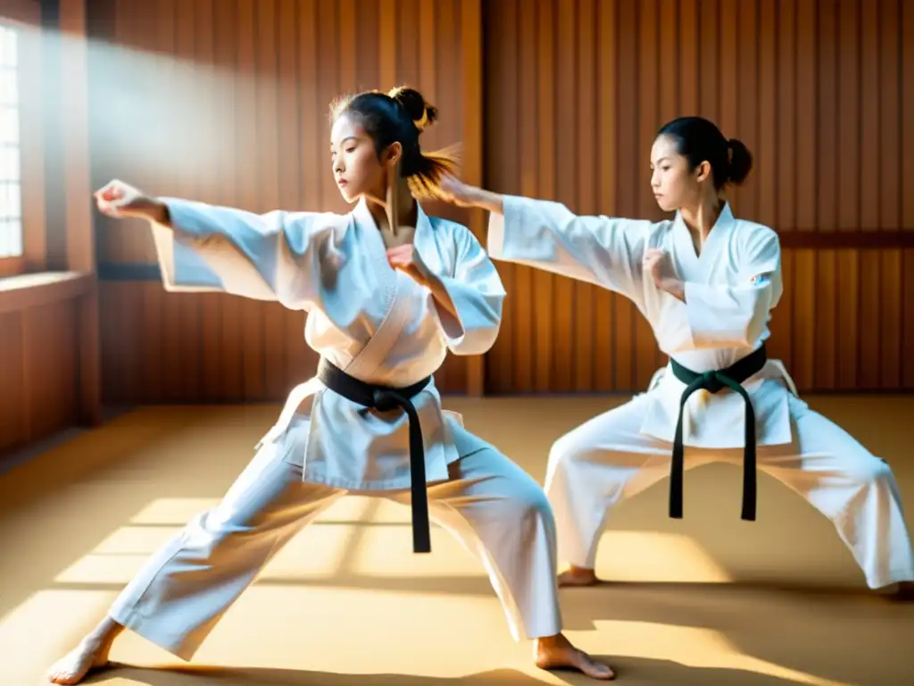 Grupo de practicantes de karate en un dojo iluminado por el sol, realizando movimientos precisos