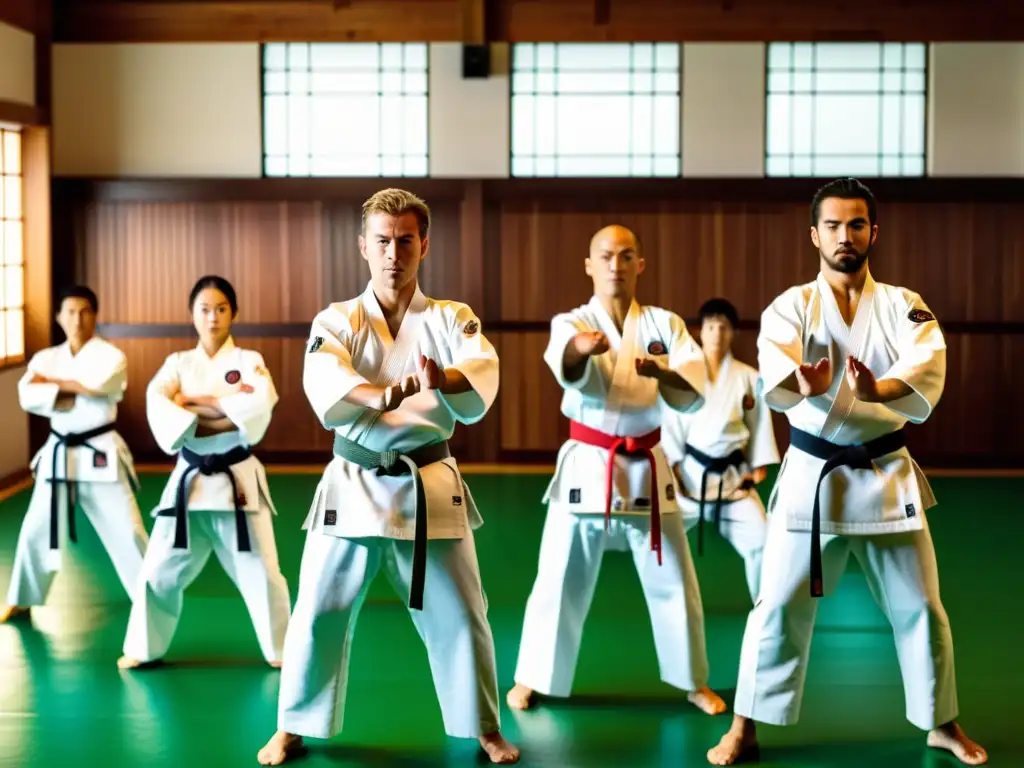 Grupo de practicantes de karate en un dojo, demostrando técnicas precisas