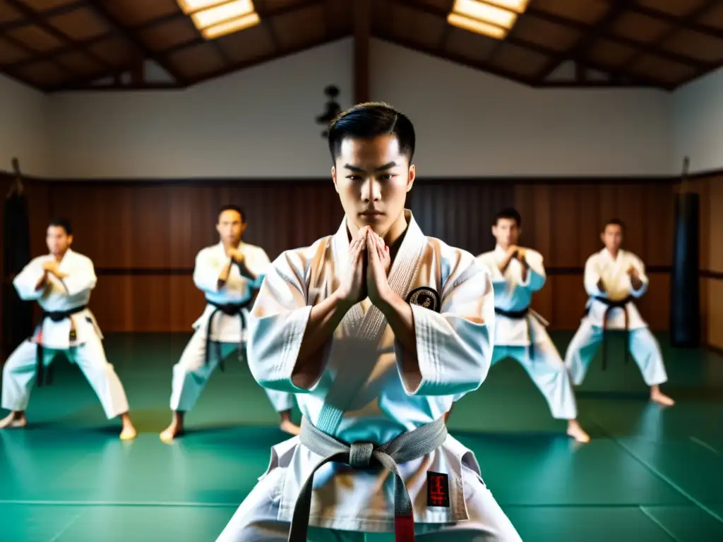 Grupo de practicantes de karate en un dojo tradicional en América, demostrando la disciplina y la expansión del karate en América