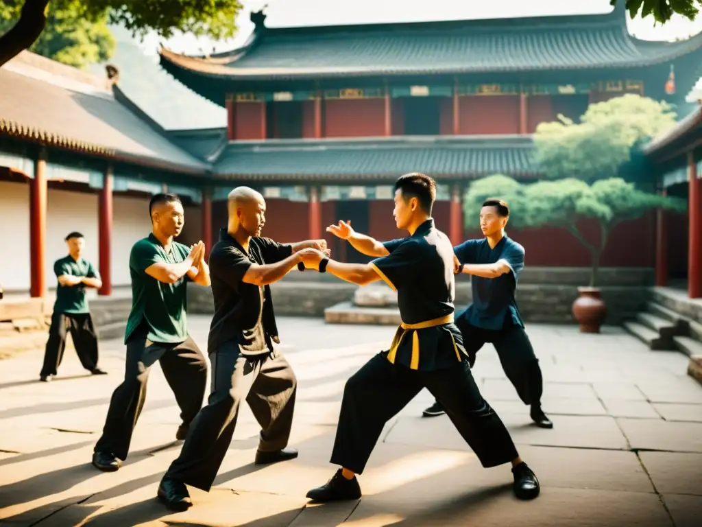 Grupo de practicantes de Wing Chun se concentran en el entrenamiento al aire libre en China, bajo la supervisión de un maestro