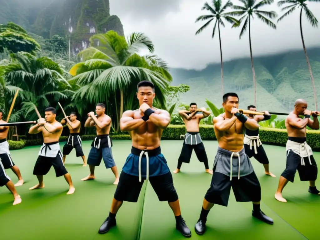 Grupo de practicantes de Eskrima en un campamento tradicional en Filipinas, inmersos en intensa formación bajo exuberante vegetación