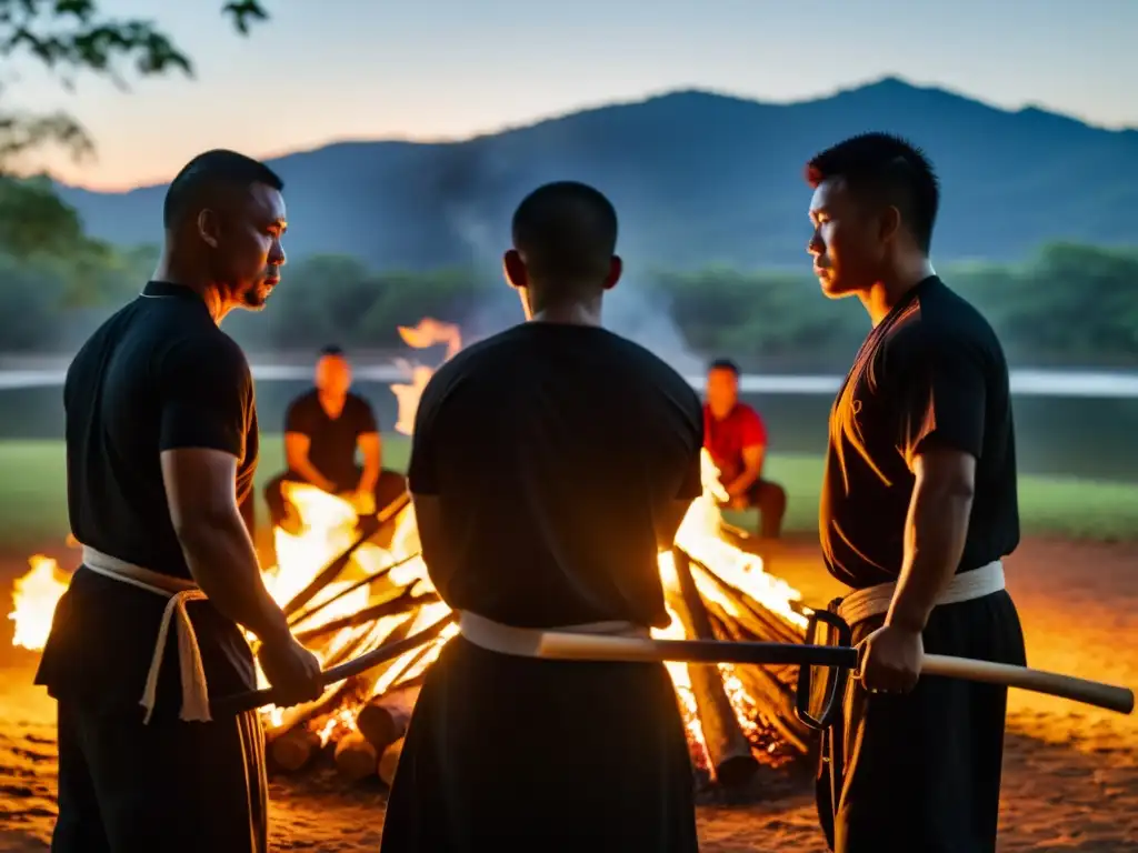 Un grupo de practicantes de Eskrima se reúne alrededor de una fogata al anochecer en Filipinas, en un emocionante campamento de Eskrima